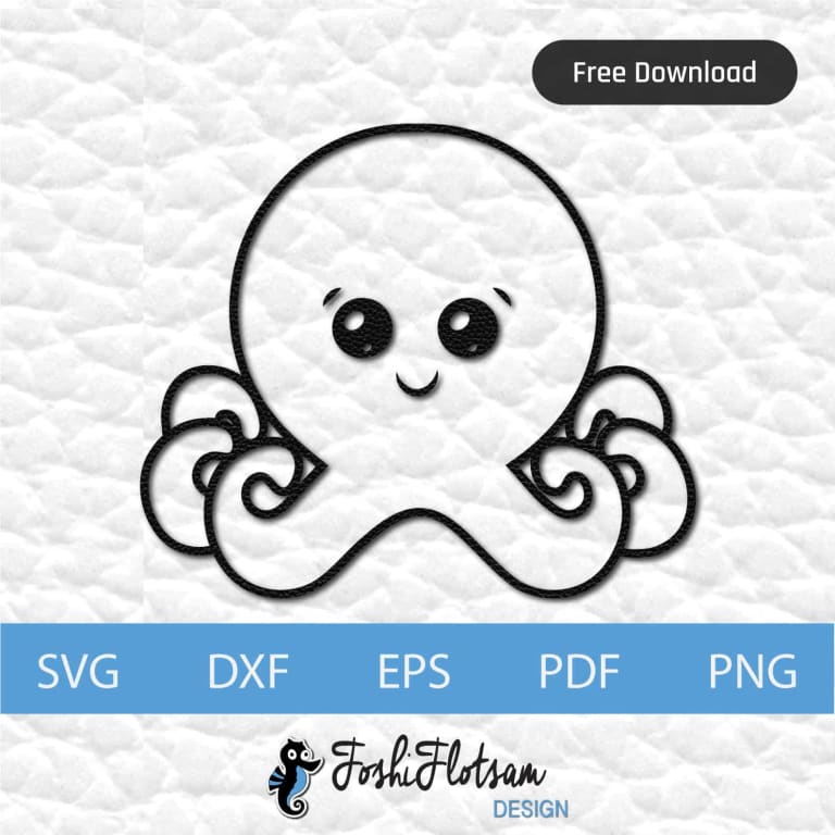 1 octopus free clipart SVG file with a cute smiling octopus that has 6 visible tentacles.